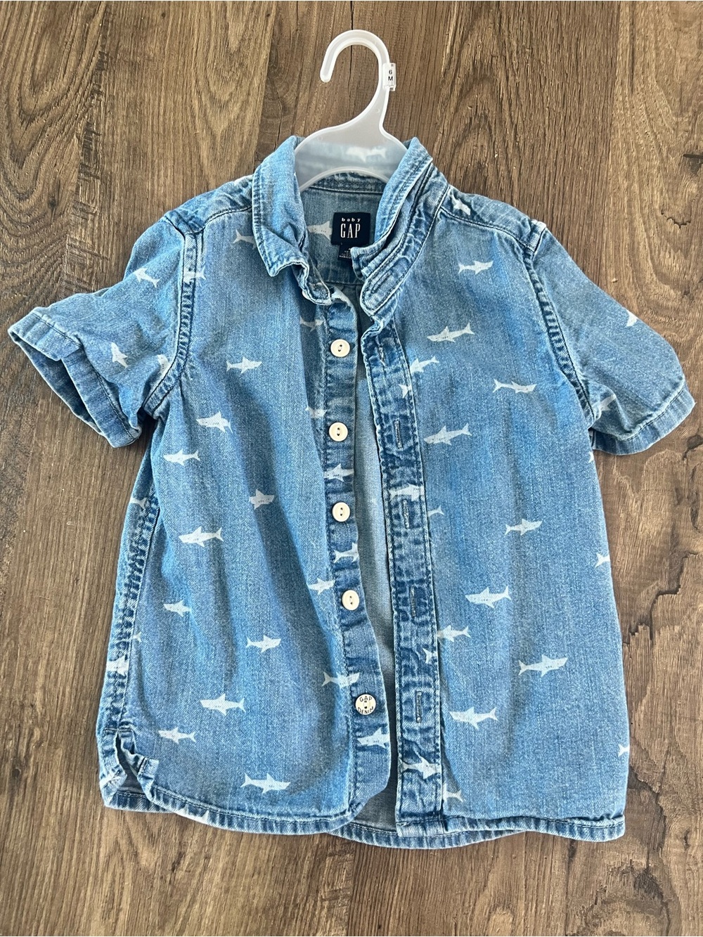 GAP Light Blue toddler Denim Button-Up Shirt with shark Print